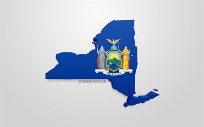 3d-flagga i New York, karta silhuetten av New York, AMERIKANSKA staten, 3d-konst, New York 3d-flagga, USA, Nordamerika, New York, geografi, New York 3d siluett