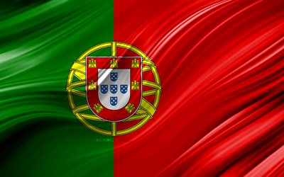 4k, ポルトガル語フラグ, 欧州諸国, 3D波, フラグのポルトガル, 国立記号, ポルトガルの3Dフラグ, 美術, 欧州, ポルトガル