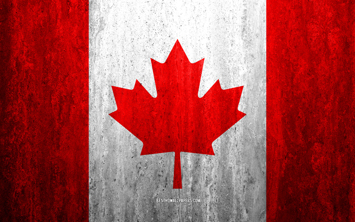 Flag of Canada, 4k, stone background, grunge flag, North America, Canada flag, grunge art, national symbols, Canada, stone texture
