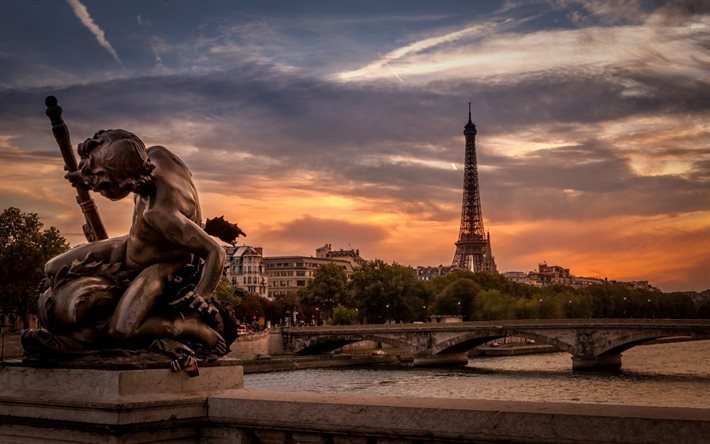 Seine River, Paris, Eiffel Tower, Evening, sunset, Pont Alexandre III, France