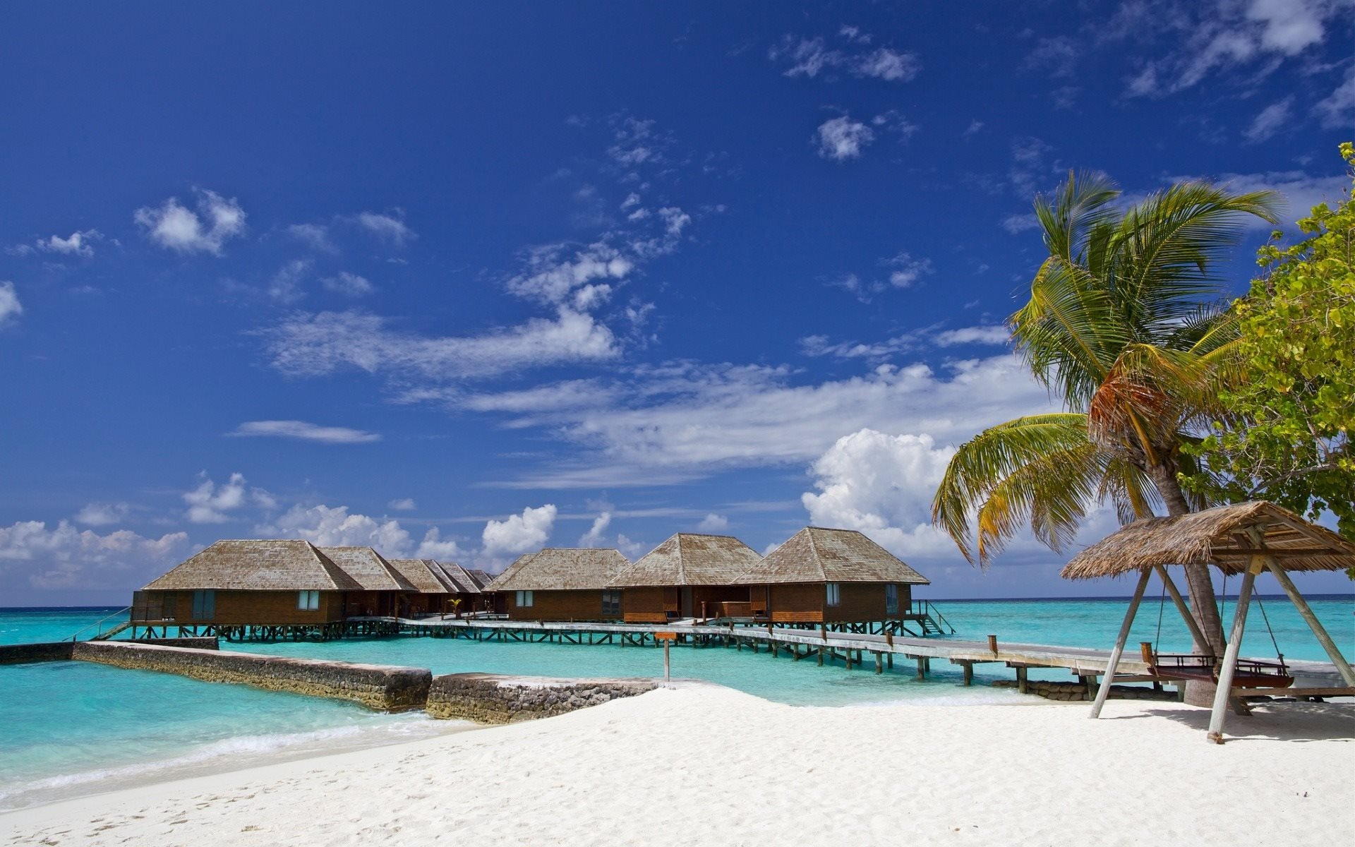 Download wallpapers Summer, sea, Maldives, bungalows, beach, palms ...