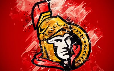 Senators de Ottawa, 4k, grunge arte, Canadiense de hockey del club, logotipo, fondo azul, arte creativo, emblema, NHL, Ottawa, Ontario, Canad&#225;, estados UNIDOS, de hockey, de la Conferencia este, Liga Nacional de Hockey, pintura, arte