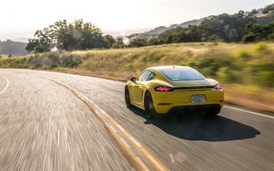 Porsche 718 Cayman, 2019, yellow sports coupe, rear view, supercar, road, speed, Cayman GTS, Porsche