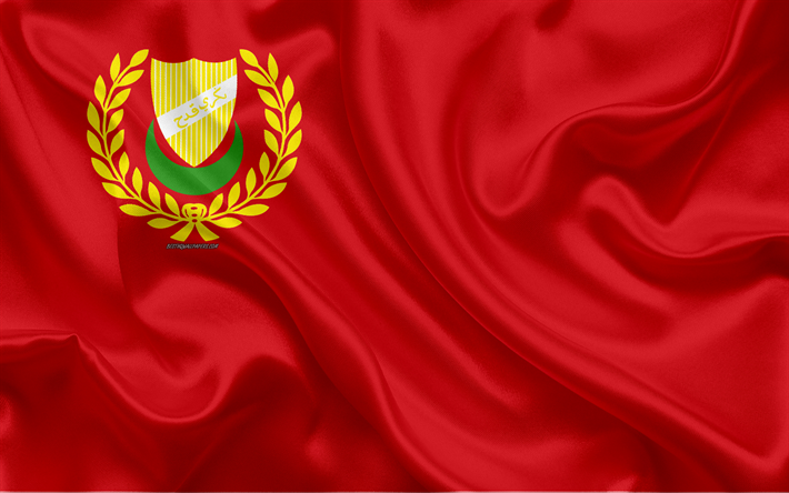 Flagga Kedah, 4k, siden konsistens, nationella symboler, red silk flag, vapen, Kedah, Malaysia, Asien