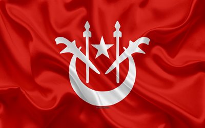 Flag of Kelantan, 4k, silk texture, national symbols, red silk flag, States of Malaysia, coat of arms, Kelantan, Malaysia, Asia
