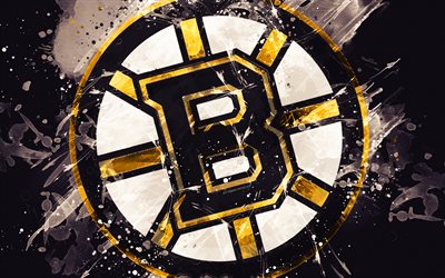 Boston Bruins, 4k, grunge art, American hockey club, logo, black background, creative art, emblem, NHL, Boston, Massachusetts, USA, hockey, Eastern Conference, National Hockey League, paint art