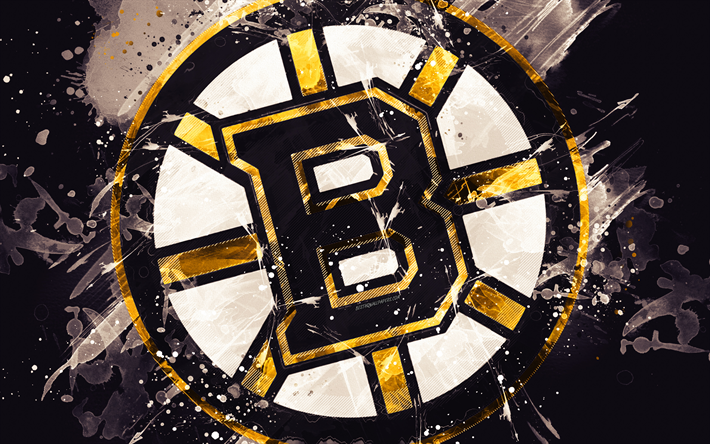 boston bruins, 4k, grunge-art, american-hockey-club-logo, schwarzer hintergrund, kunst, wappen, nhl, boston, massachusetts, usa, hockey, eastern conference, national hockey league, malen