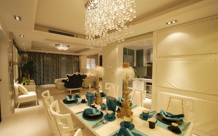 modern stylish interior, dining room, living room, classic style, African candlesticks, modern interior design