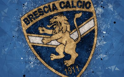 Brescia Calcio, 4k, logo, geometric art, Serie B, blue abstract background, creative art, emblem, Italian football club, Brescia, Lombardy, Italy, football, Brescia FC