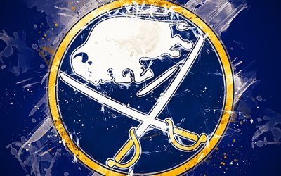 Buffalo Sabres, 4k, grunge art, American hockey club, logo, blue background, creative art, emblem, NHL, Buffalo, New York, USA, hockey, Eastern Conference, National Hockey League, paint art