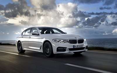 BMW 5, 2018, G30, 540i, white sedan, front view, road, speed, new white M5, German cars, BMW