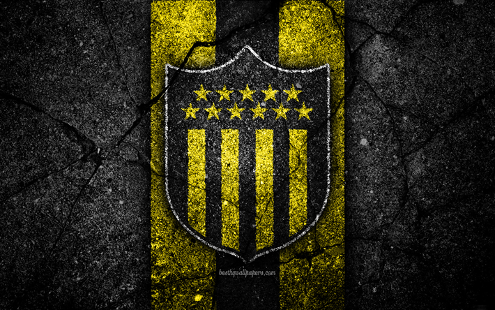 Penarol FC, 4k, emblema, Uruguayo de Primera Divisi&#243;n, negro, piedra, asfalto textura, Uruguay, FC Penarol, logotipo, f&#250;tbol, CA Penarol