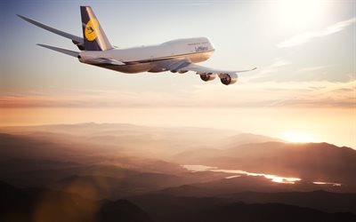 Boeing 747, aeroplano nel cielo, tramonto, sera, cielo, aereo passeggeri, Lufthansa, Boeing