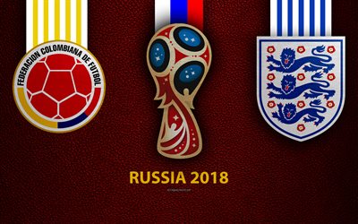 Colombia vs Inglaterra, Ronda de 16, 4k, textura de cuero, logotipo, 2018 Copa Mundial de la FIFA Rusia 2018, de 3 de julio, partido de f&#250;tbol, arte creativo, nacional de f&#250;tbol de los equipos de