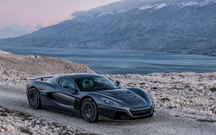 Rimac C-Two, 2018, gray sports electric coupe, supercar, electric, front view, Rimac