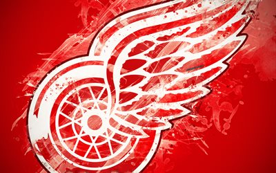 Detroit Red Wings, 4k, grunge konst, American hockey club, logotyp, r&#246;d bakgrund, kreativ konst, emblem, NHL, Detroit, Michigan, USA, hockey, Eastern Conference, National Hockey League, m&#229;la konst