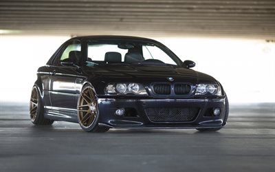 BMW 3, E46, black sports coupe, tuning E46, front view, bronze wheels, BMW