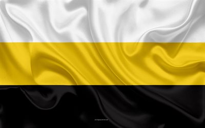 Flag of Perak, 4k, silk texture, national symbols, white yellow black silk flag, States of Malaysia, coat of arms, Perak, Malaysia, Asia