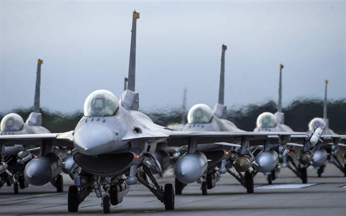 general dynamics f-16 fighting falcon squadron, us air force, der amerikanischen k&#228;mpfer, start-und landebahn, f-16, military aircraft, usa