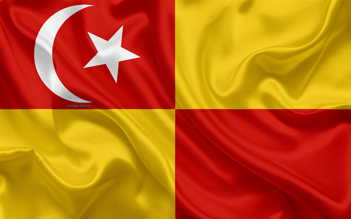 Lipun Selangor, 4k, silkki tekstuuri, kansalliset symbolit, punainen keltainen silkki lippu, Valtioiden Malesiassa, vaakuna, Selangor, Malesia, Aasiassa