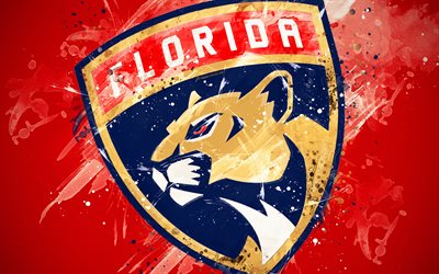 Florida Panthers, 4k, grunge konst, American hockey club, logotyp, r&#246;d bakgrund, kreativ konst, emblem, NHL, Soluppg&#229;ng, Florida, USA, hockey, Eastern Conference, National Hockey League, m&#229;la konst