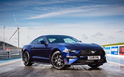 Ford Mustang, 2018, Fastback, Ecoboost, front view, american blue sport car, new blue Mustang, exterior, Ford