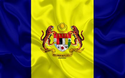 Bandera de Putrajaya, 4k, seda textura, los s&#237;mbolos nacionales, azul, amarillo bandera de seda, Territorio Federal, escudo de armas, Putrajaya, Malasia, Asia