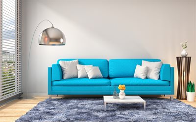 sala de estar, dise&#241;o elegante, sof&#225; azul, el minimalismo, dise&#241;o interior moderno