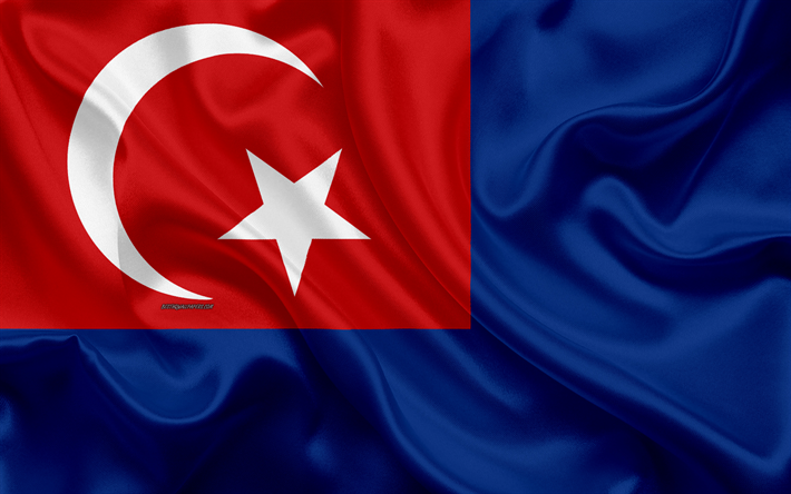 Flag of Johor, 4k, silk texture, national symbols, blue silk flag, States of Malaysia, coat of arms, Johor, Malaysia, Asia
