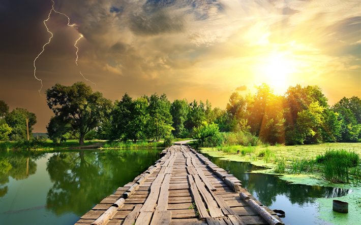 lake, puinen silta, sunset, myrsky pilvet, salama, illalla, vihreit&#228; puita