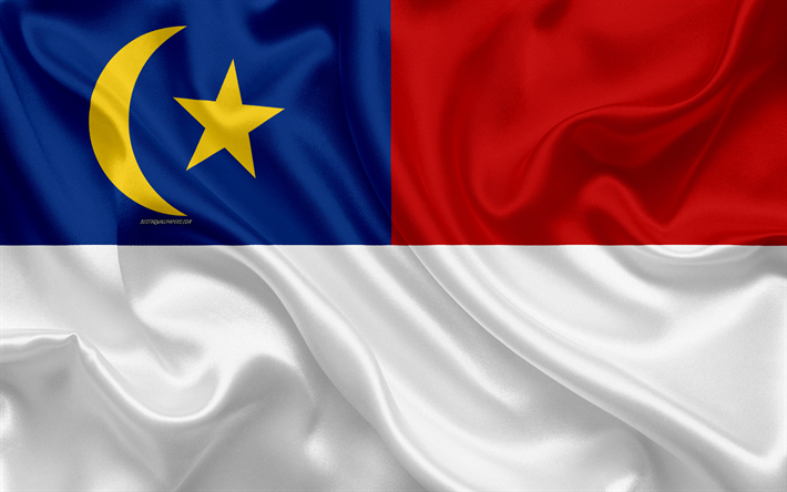 Flagga av Melaka, 4k, siden konsistens, nationella symboler, r&#246;d vit silk flag, Staterna i Malaysia, vapen, Melaka, Malaysia, Asien