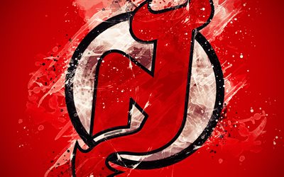 New Jersey Devils, 4k, grunge sanat, Amerikan hokey kul&#252;b&#252;, logo, kırmızı bir arka plan, yaratıcı sanat, amblem, NHL, Newark, New Jersey, AMERİKA Birleşik Devletleri, hokey, Doğu Konferansı, Ulusal Hokey Ligi, boya sanat