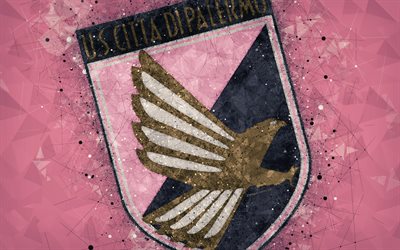 US Palermo, 4k, logo, geometric art, Serie B, pink abstract background, creative art, emblem, Italian football club, Palermo, Italy, football, Palermo FC