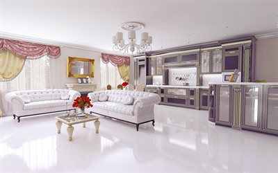 luxuoso interior cl&#225;ssico, design moderno, projecto, branco luxuosos sof&#225;s, interior elegante, sala de estar