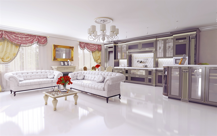 贅沢なクラシカルな内装, モダンなデザイン, プロジェクト, 白色の豪華なソファー, デザイナーズシェアハウス, 居室