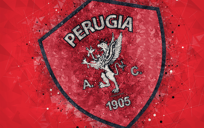 AC Perugia Calcio, 4k, logo, geometric art, Serie B, red abstract background, creative art, emblem, Italian football club, Perugia, Italy, football, Perugia FC