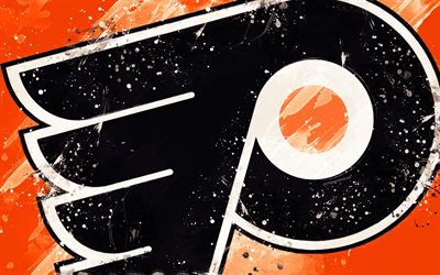 Philadelphia Flyers, 4k, grunge arte, Americana de h&#243;quei clube, logo, fundo laranja, arte criativa, emblema, NHL, Filad&#233;lfia, Pensilv&#226;nia, EUA, h&#243;quei, Confer&#234;ncia Leste, Liga Nacional De H&#243;quei, a arte de pintura