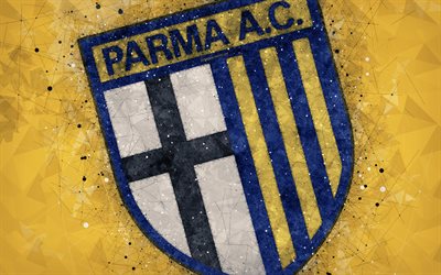 Parma Calcio 1913, 4k, logo, geometric art, Serie B, yellow abstract background, creative art, emblem, Italian football club, Parma, Italy, football, Parma FC