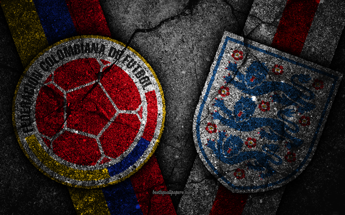 Colombia vs England, 4k, FIFA World Cup 2018, Round of 16, logo, Russia 2018, Soccer World Cup, England football team, Colombia football team, black stone, Eighth-final