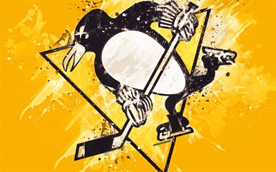 Pittsburgh Penguins, 4k, grunge arte, de la American hockey club, logotipo, fondo amarillo, arte creativo, emblema, NHL, Pittsburgh, Pennsylvania, estados UNIDOS, de hockey, de la Conferencia este, Liga Nacional de Hockey, pintura, arte