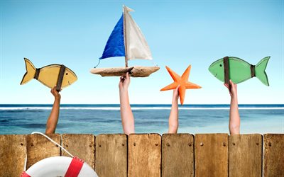 summer travel concepts, fence, hands, summer attributes, beach, sea