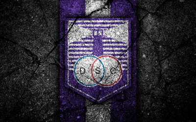Defensor Sporting FC, 4k, emblema, Uruguayo de Primera Divisi&#243;n, negro, piedra, asfalto textura, Uruguay, FC Defensor Sporting, logotipo, f&#250;tbol, CA Defensor Sporting