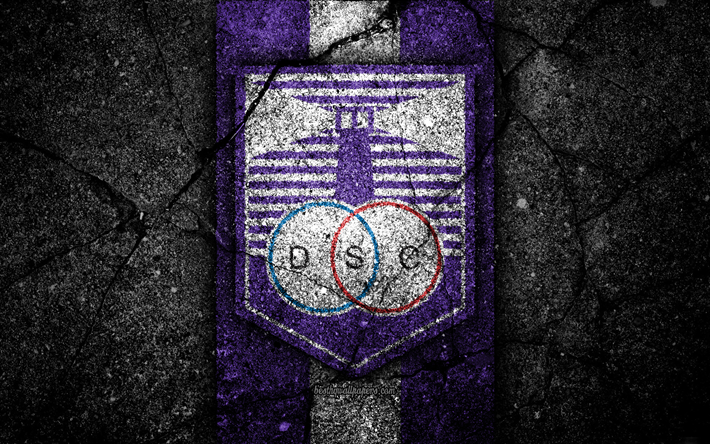 Defensor Sporting FC, 4k, emblem, Uruguayan Primera Division, black stone, asphalt texture, Uruguay, FC Defensor Sporting, logo, football, soccer, CA Defensor Sporting