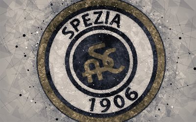 Spezia Calcio, 4k, logo, geometric art, Serie B, gray abstract background, creative art, emblem, Italian football club, Spezia, Italy, football, Spezia FC