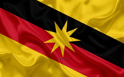 Flag of Sarawak, 4k, silk texture, national symbols, red yellow black silk flag, States of Malaysia, coat of arms, Sarawak, Malaysia, Asia