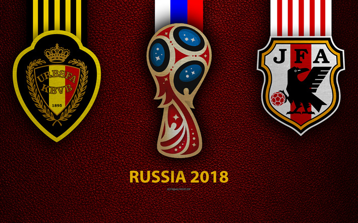 Belgia vs Japani, Kierroksen 16, 4k, nahka rakenne, logo, 2018 FIFA World Cup, Ven&#228;j&#228; 2018, 2 hein&#228;kuuta, jalkapallo-ottelu, creative art, jalkapallomaajoukkueet