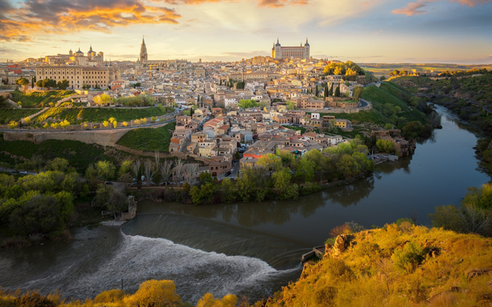 Toledo, Alcazar i Toledo, Tejo, kv&#228;ll, sommar, vacker stad, sunset, stadens landskap, Spanien