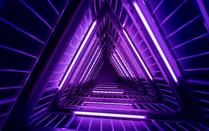 neon dreiecke, hintergrundbeleuchtung treppen, kreative lila hintergrund, lila dreiecke