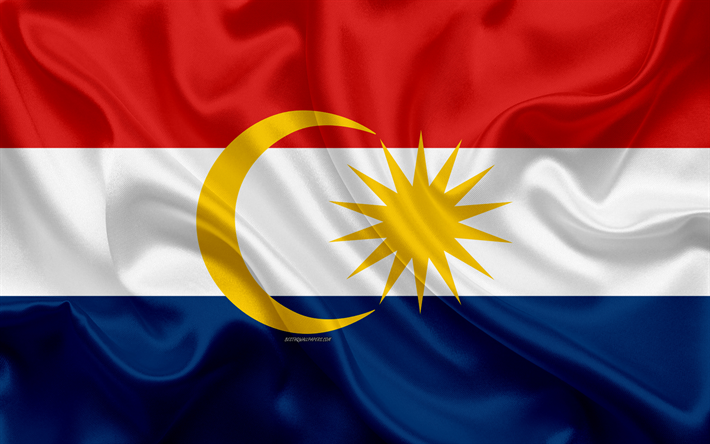 Bandera de Labuan, 4k, seda textura, los s&#237;mbolos nacionales, rojo amarillo negro bandera de seda, Territorio Federal, escudo de armas, Labuan, Malasia, Asia