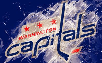 Washington Capitals, 4k, grunge art, American hockey club, logo, blue background, creative art, emblem, NHL, Washington, USA, hockey, Eastern Conference, National Hockey League, paint art